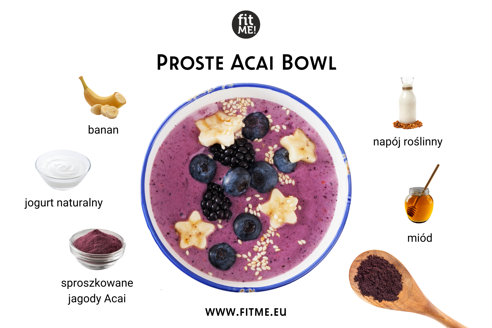 Prosta Acai Bowl to szybki i smaczny sposób na dostarczenie organizmowi wartościowych składników odżywczych. Głównym składnikiem tego zdrowego dania jest sproszkowane Acai, które dostarcza obfitość antyoksydantów wspierających odporność i ogólny stan zdrowia. Dwa pełne łyżki tego superfoodu łączą się z jednym świeżym bananem, nadając potrawie kremową konsystencję i naturalną słodycz.